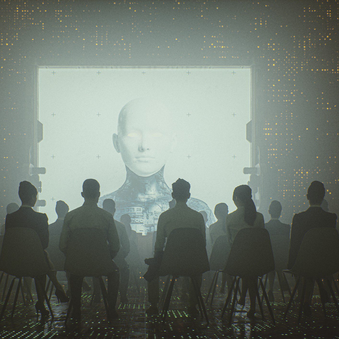 Audience watching futuristic robot presentation screen.