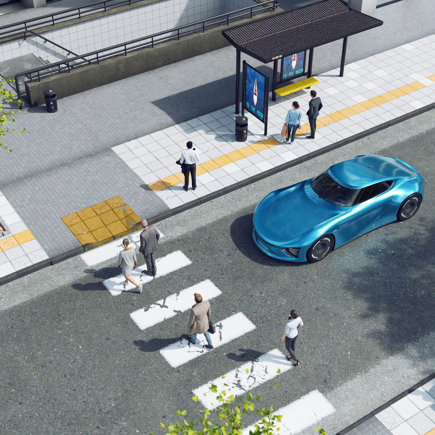 People crossing street near futuristic blue car.