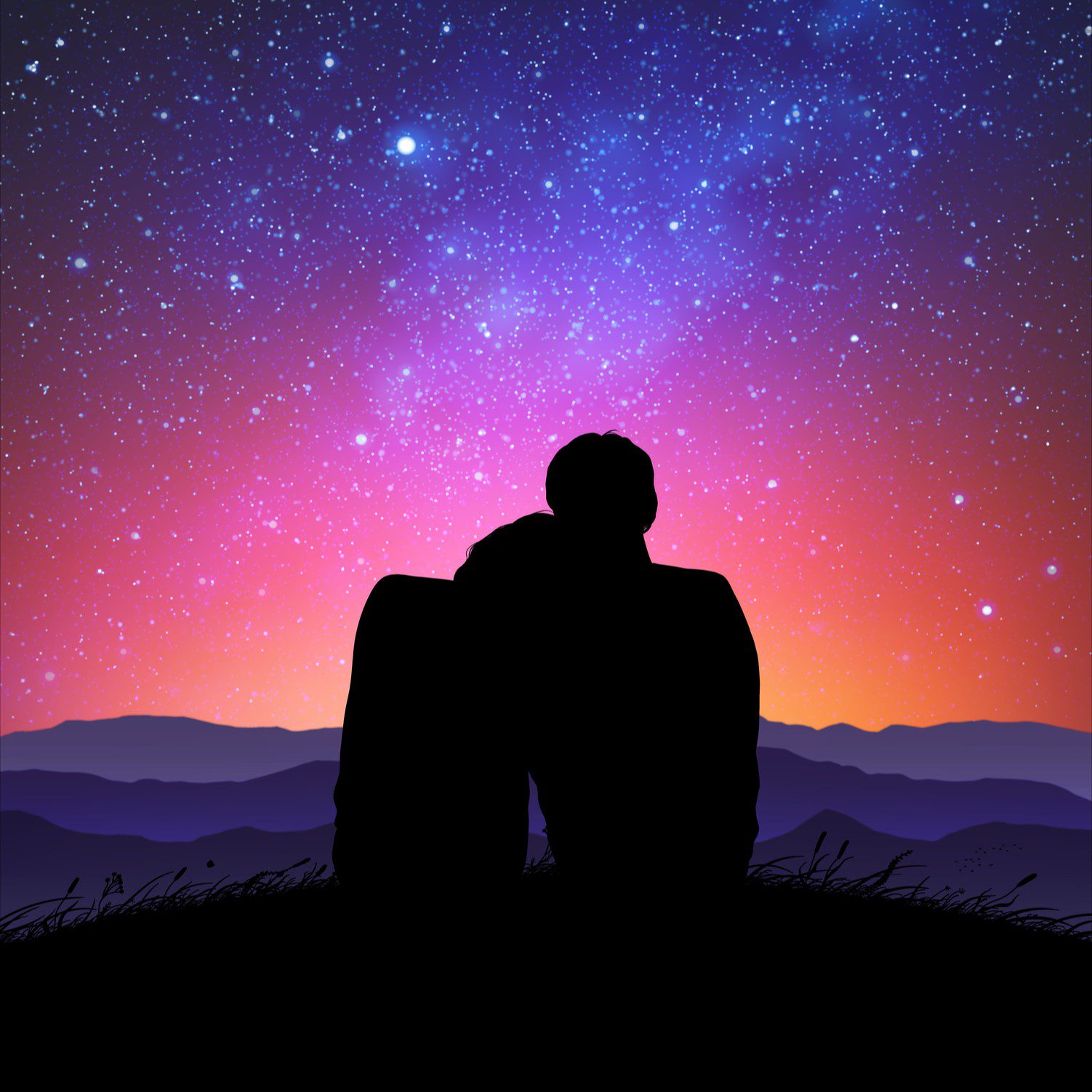 Silhouette stargazing under colorful night sky.