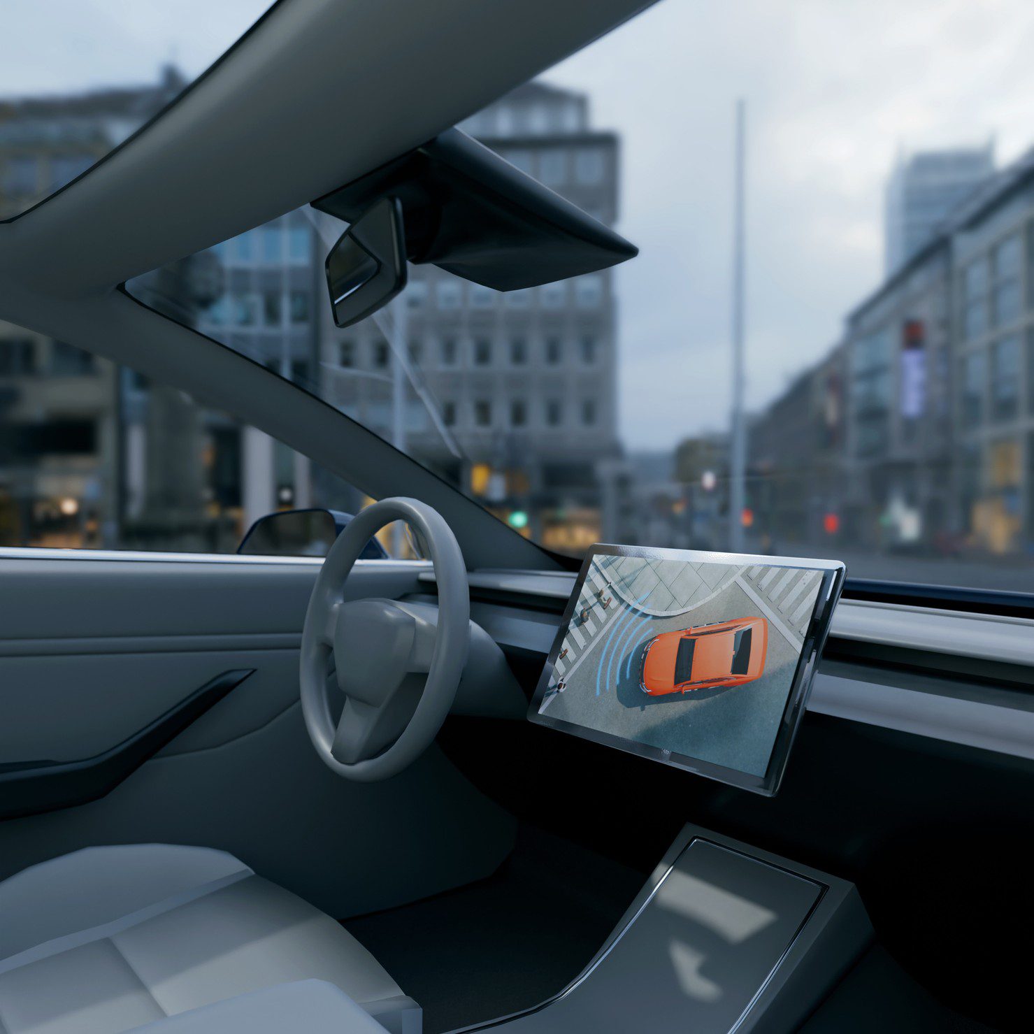 Futuristic car interior with digital display screen.