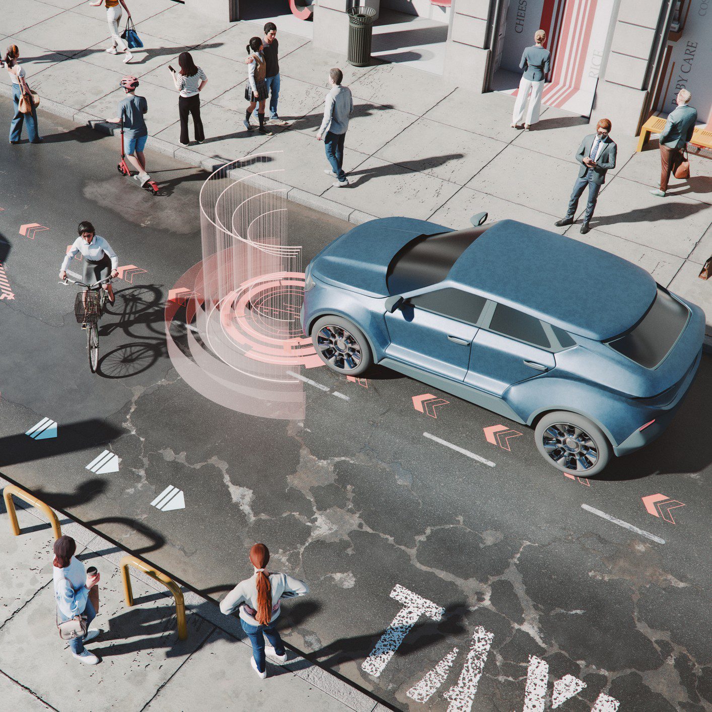 Car sensing cyclist in urban street.