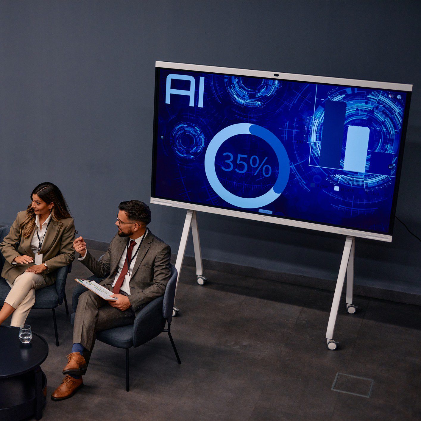Panel discussion with AI presentation screen.
